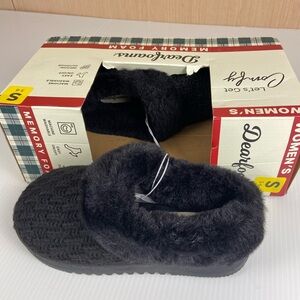 Dearfoams Memory Foam Slippers Black Faux Fur Knit Women’s 5-6 NIB